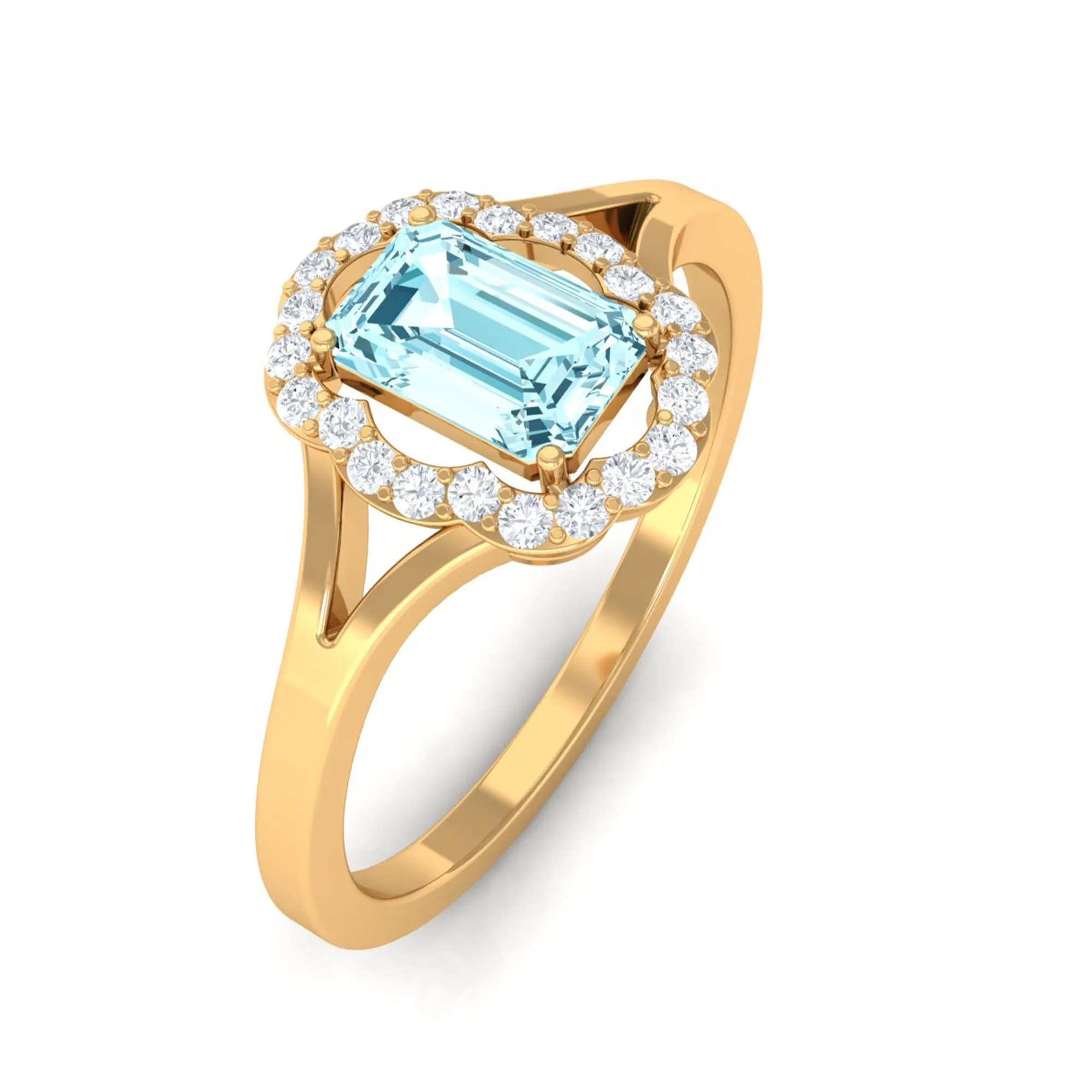 3/4 Ct Aquamarine Floral Halo Engagement Ring with Diamond
