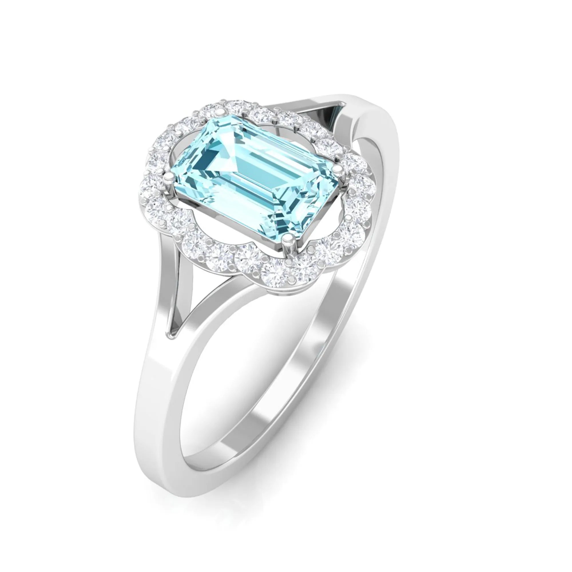 3/4 Ct Aquamarine Floral Halo Engagement Ring with Diamond