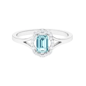 3/4 Ct Aquamarine Floral Halo Engagement Ring with Diamond