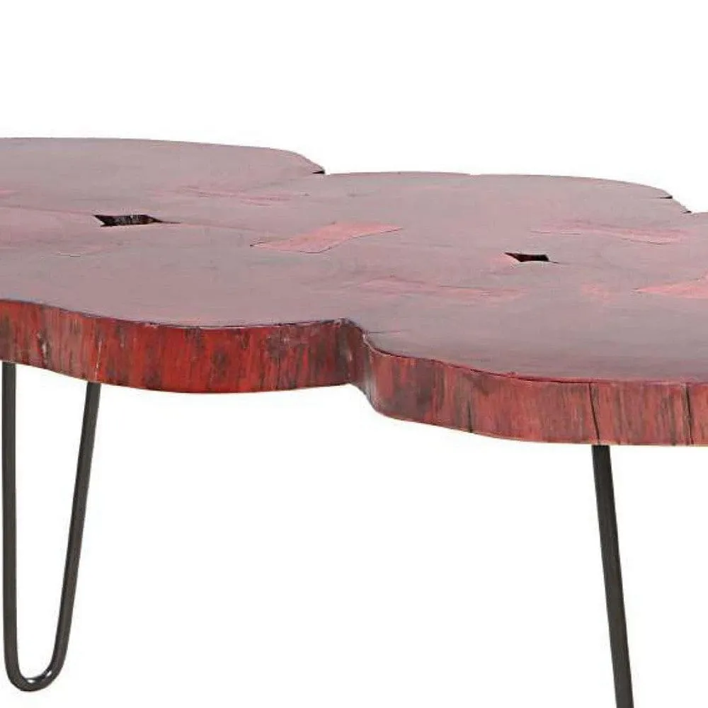 44 Inch Acacia Wood Coffee Table, Quatrefoil Top, Live Edge, Iron Hairpin Legs, Walnut Brown, Black By The Urban Port
