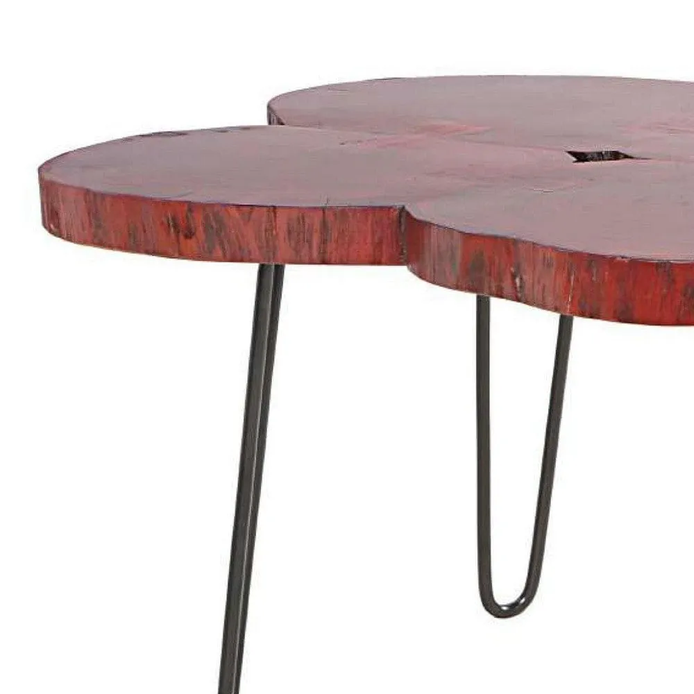 44 Inch Acacia Wood Coffee Table, Quatrefoil Top, Live Edge, Iron Hairpin Legs, Walnut Brown, Black By The Urban Port