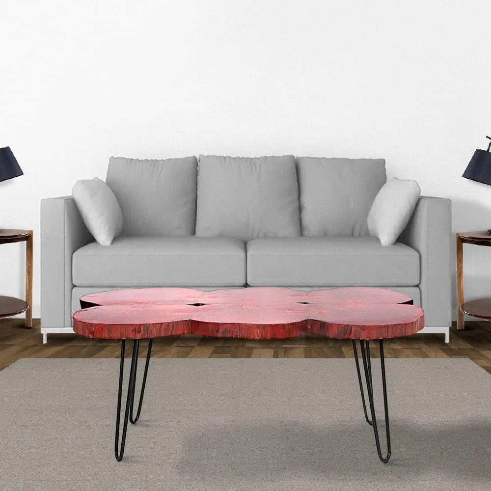 44 Inch Acacia Wood Coffee Table, Quatrefoil Top, Live Edge, Iron Hairpin Legs, Walnut Brown, Black By The Urban Port