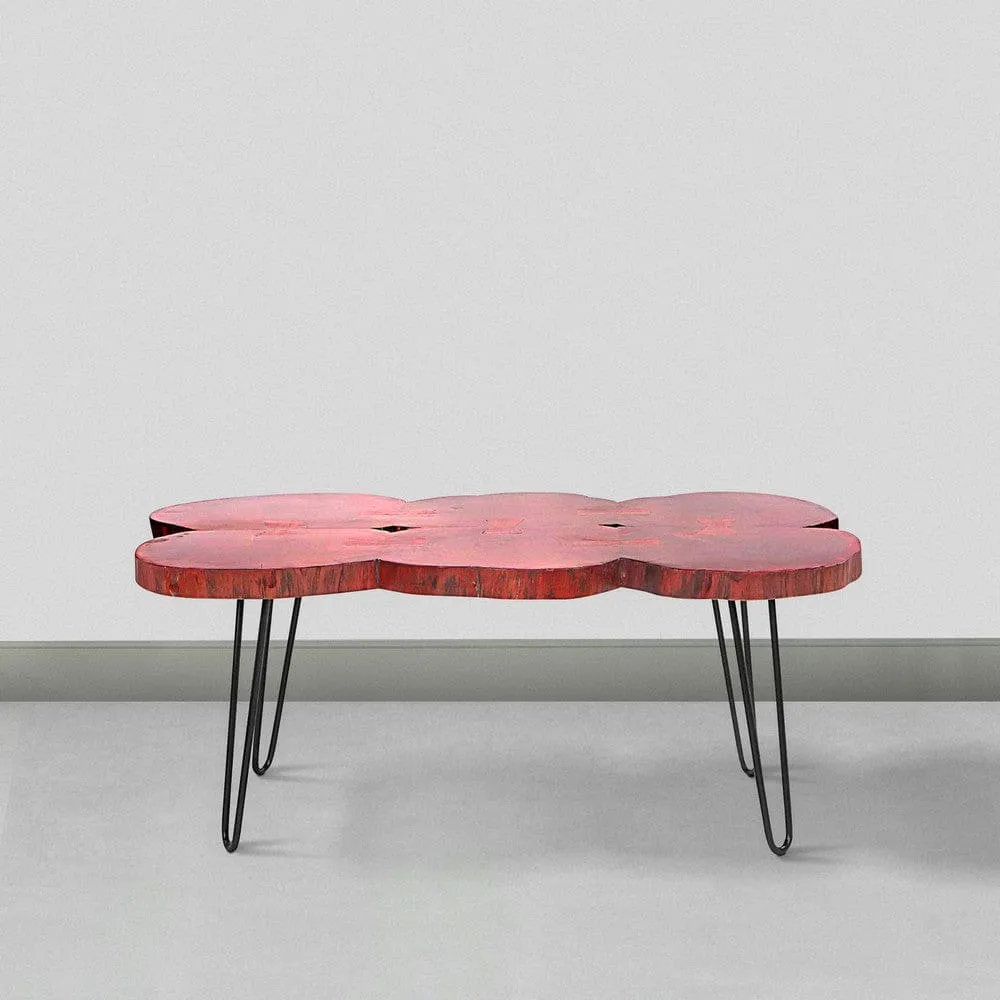 44 Inch Acacia Wood Coffee Table, Quatrefoil Top, Live Edge, Iron Hairpin Legs, Walnut Brown, Black By The Urban Port