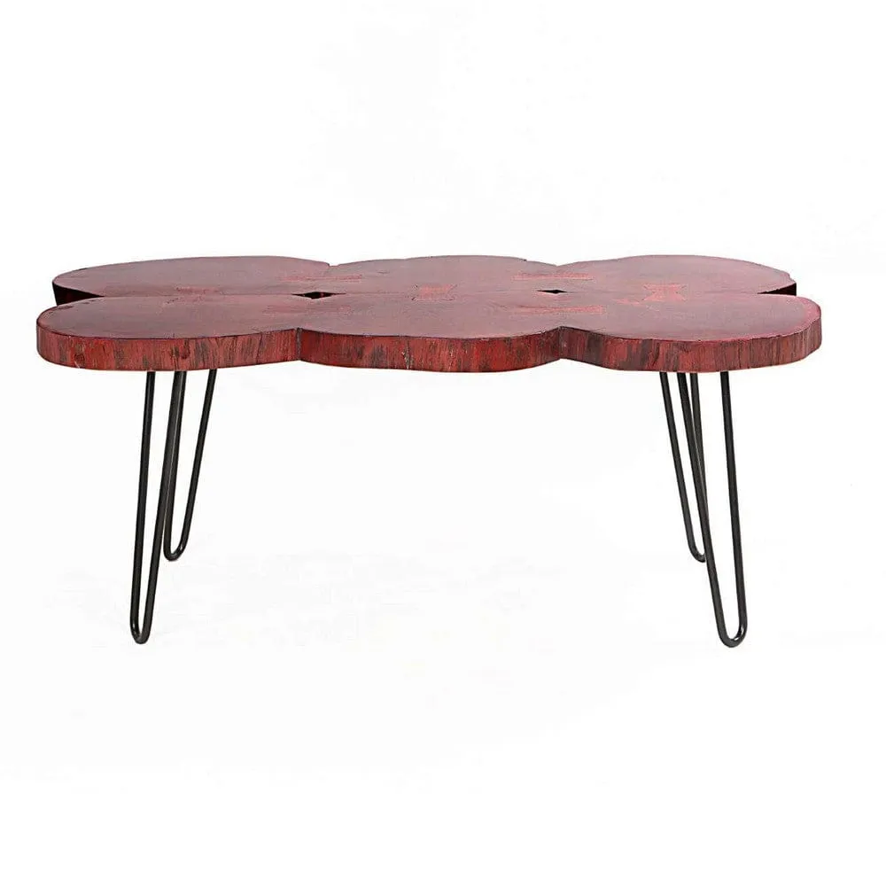 44 Inch Acacia Wood Coffee Table, Quatrefoil Top, Live Edge, Iron Hairpin Legs, Walnut Brown, Black By The Urban Port