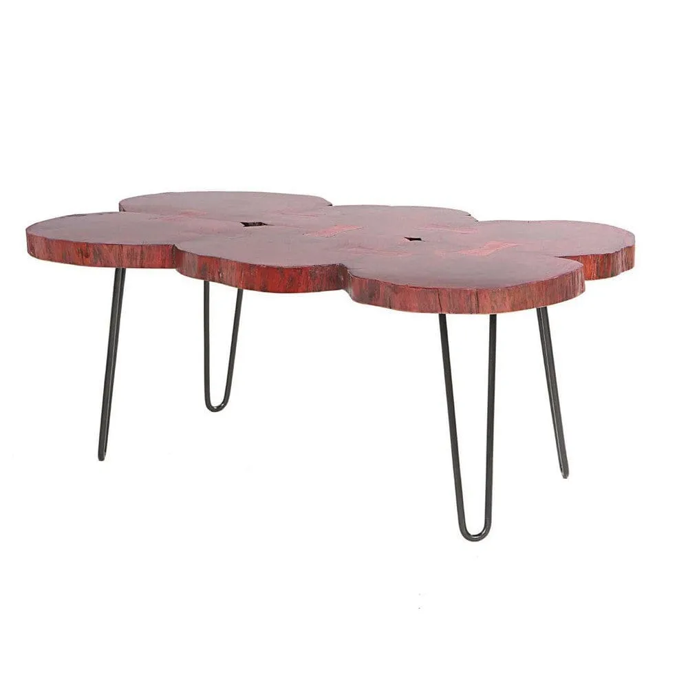 44 Inch Acacia Wood Coffee Table, Quatrefoil Top, Live Edge, Iron Hairpin Legs, Walnut Brown, Black By The Urban Port