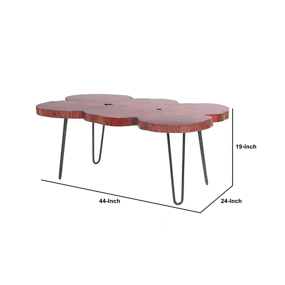 44 Inch Acacia Wood Coffee Table, Quatrefoil Top, Live Edge, Iron Hairpin Legs, Walnut Brown, Black By The Urban Port