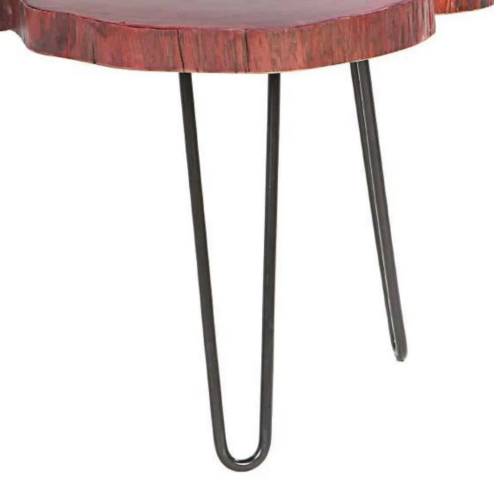 44 Inch Acacia Wood Coffee Table, Quatrefoil Top, Live Edge, Iron Hairpin Legs, Walnut Brown, Black By The Urban Port