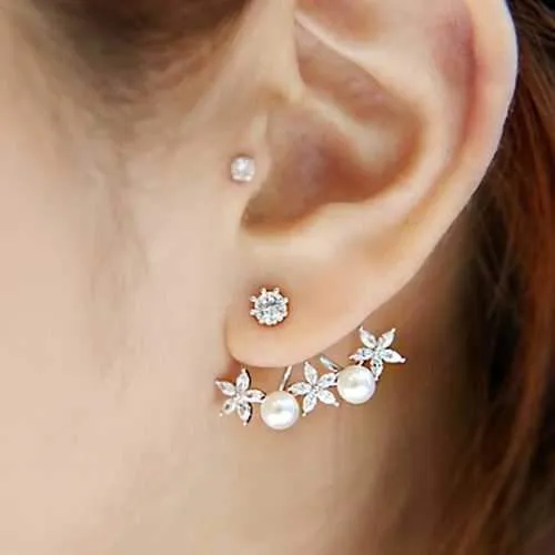 925 Silver Needle Pearl Flower Cubic Zircon Crystal Ear Stud Earrings