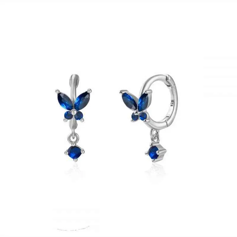 925 Sterling Silver 18k Gold Plated Hoop Earrings Charm Jewelry Set - Dark Blue Zircon - TSJ154