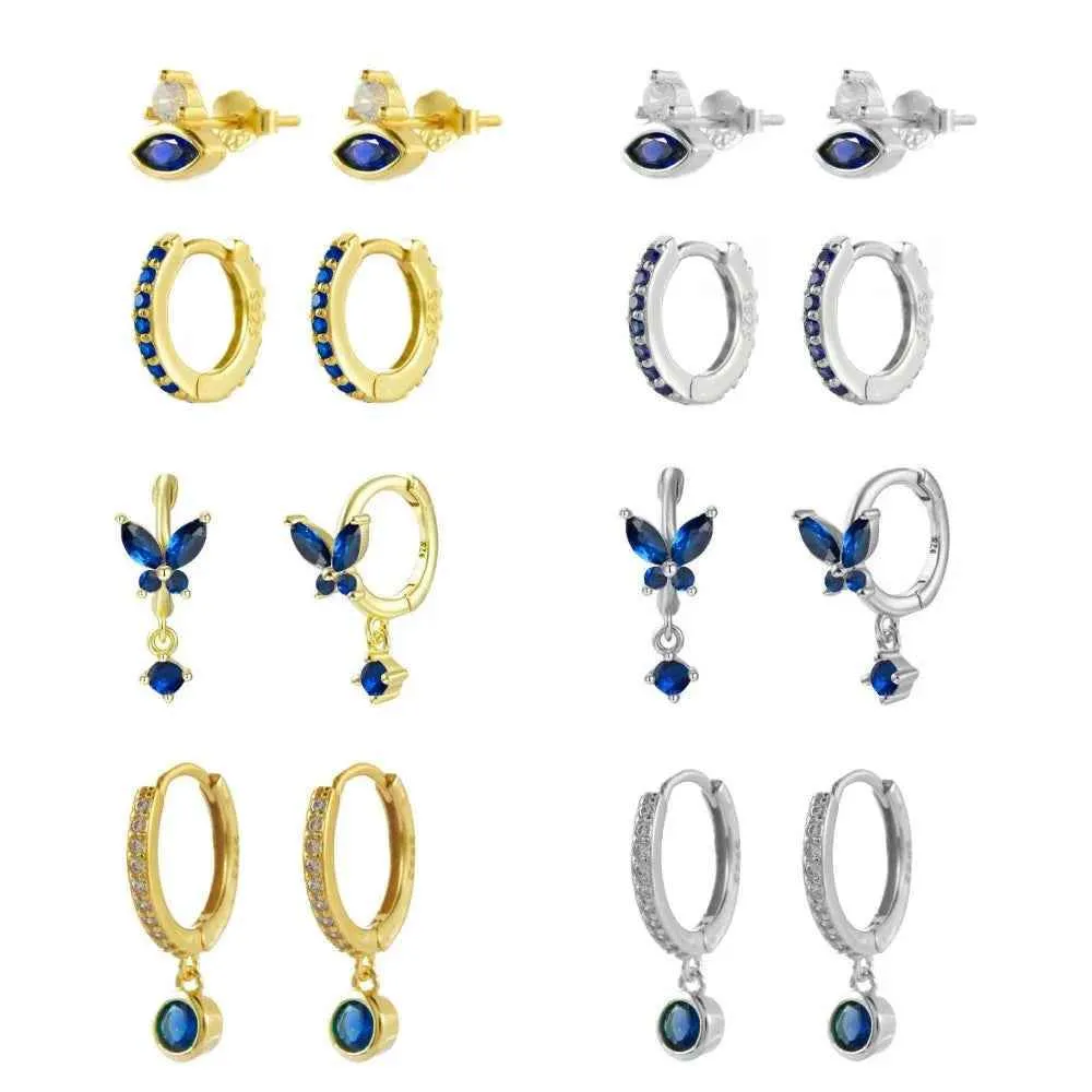 925 Sterling Silver 18k Gold Plated Hoop Earrings Charm Jewelry Set - Dark Blue Zircon - TSJ154