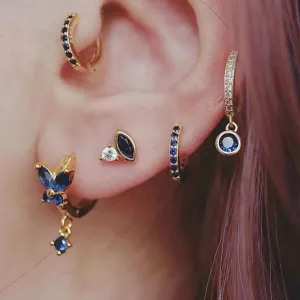 925 Sterling Silver 18k Gold Plated Hoop Earrings Charm Jewelry Set - Dark Blue Zircon - TSJ154
