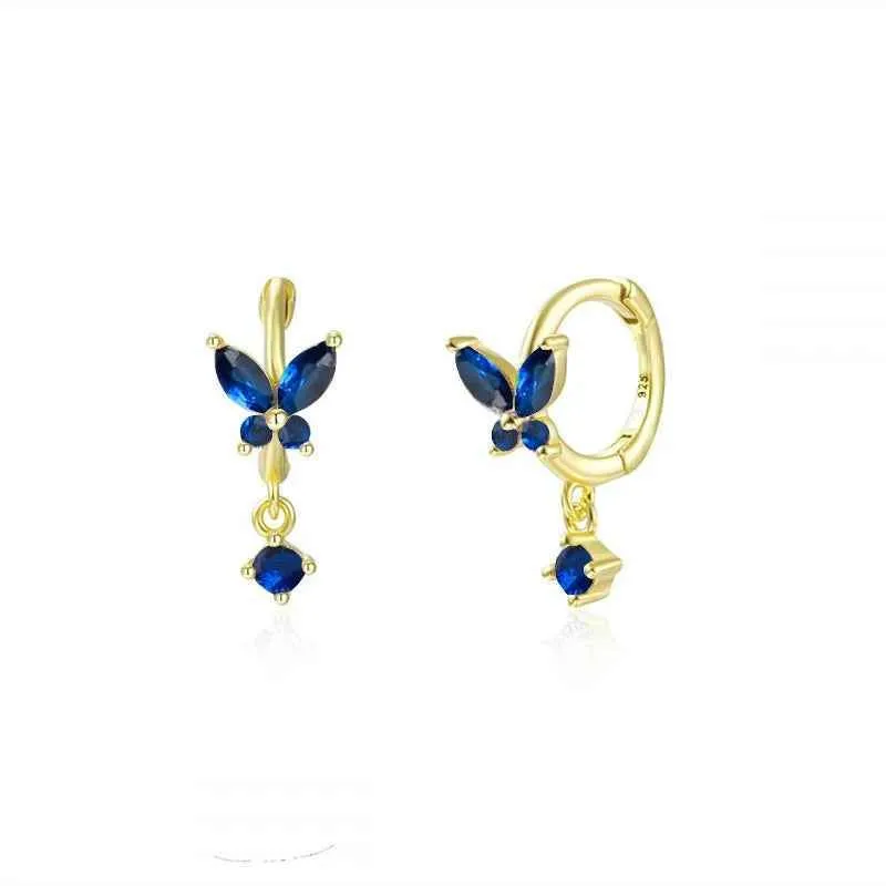 925 Sterling Silver 18k Gold Plated Hoop Earrings Charm Jewelry Set - Dark Blue Zircon - TSJ154