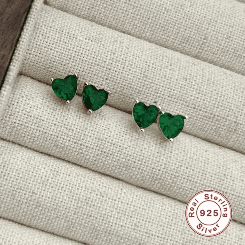 925 Sterling Silver Stud Earrings Charm Jewelry - Green Zircon Heart-shaped - Xm381