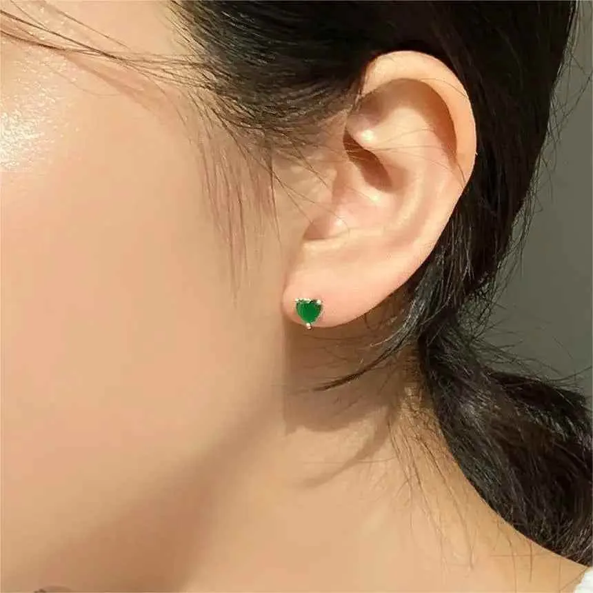925 Sterling Silver Stud Earrings Charm Jewelry - Green Zircon Heart-shaped - Xm381