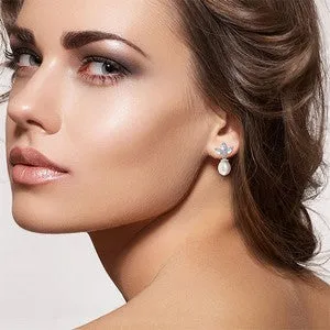 9.5 Carat 14K Solid White Gold Dangling Earrings Pearl Aquamarine