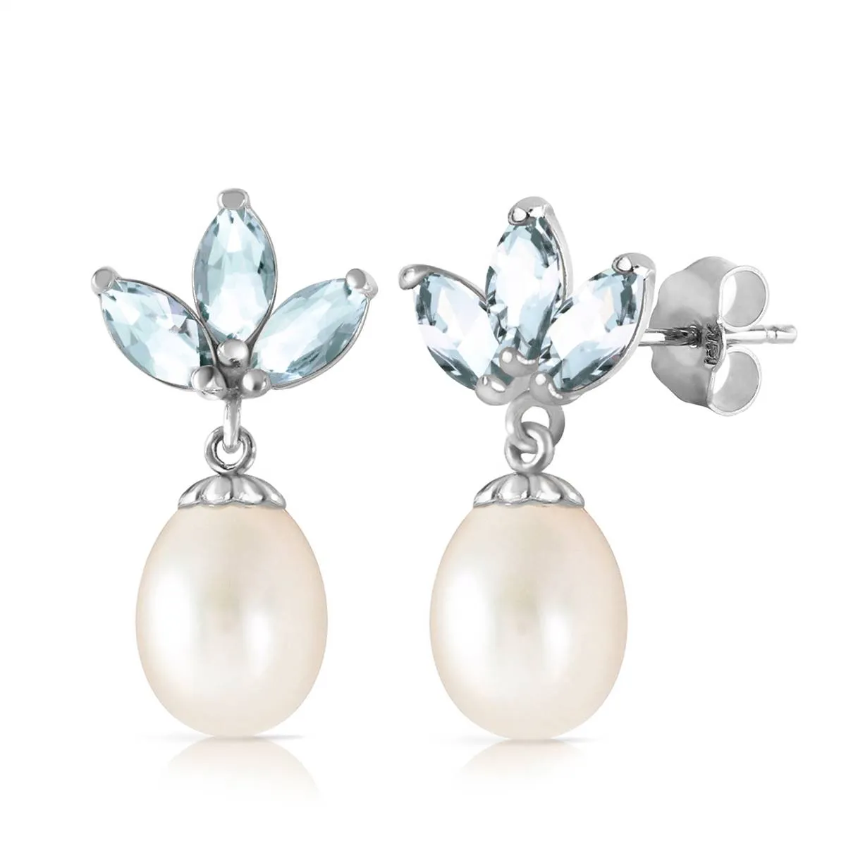 9.5 Carat 14K Solid White Gold Dangling Earrings Pearl Aquamarine