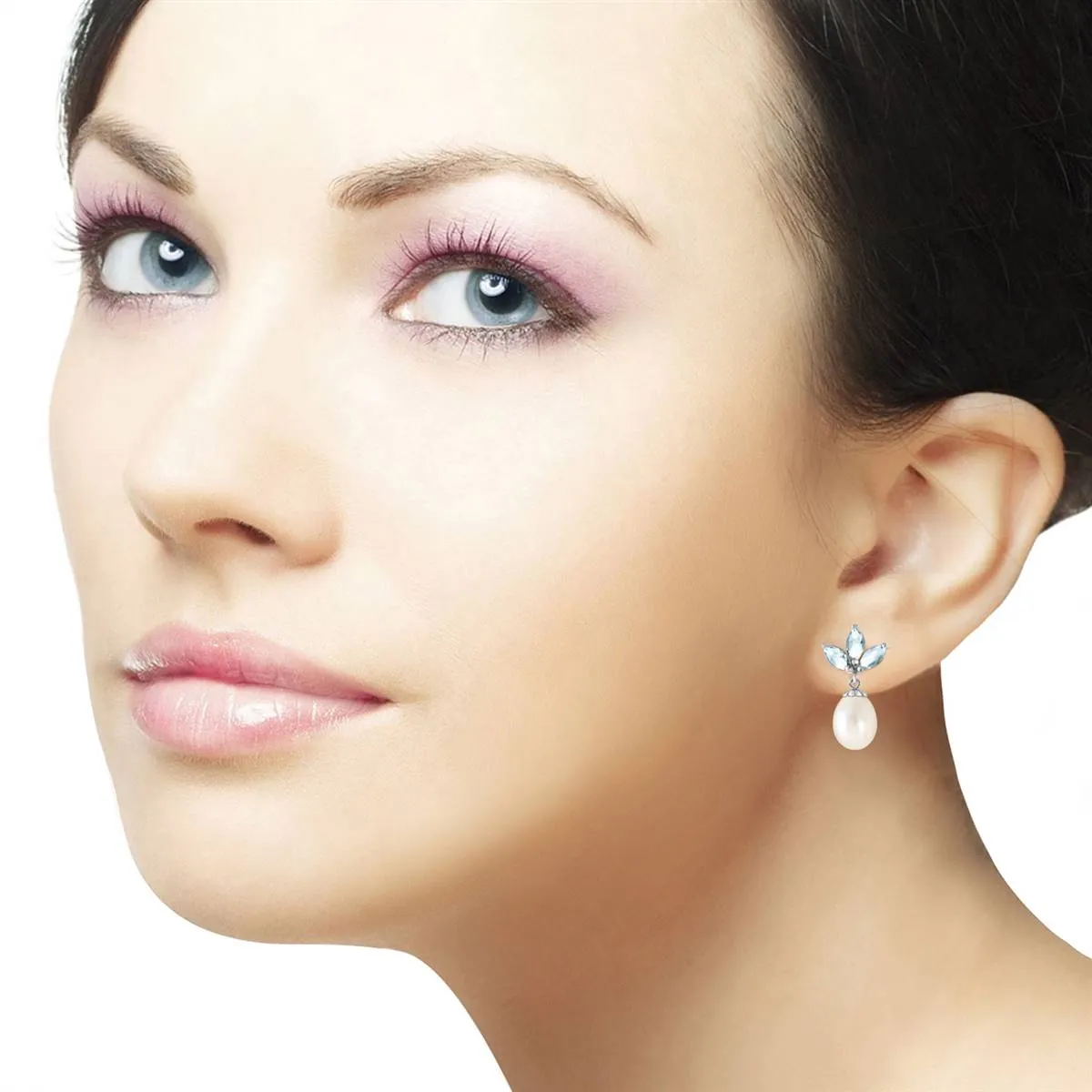 9.5 Carat 14K Solid White Gold Dangling Earrings Pearl Aquamarine
