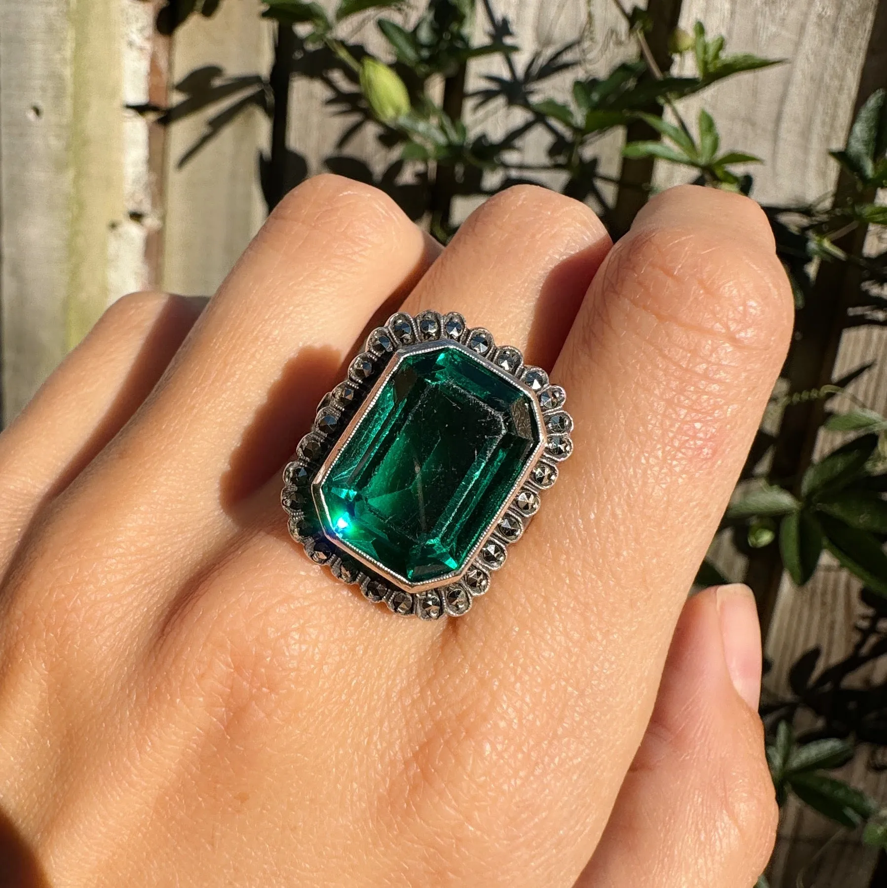 Antique Art Deco Silver Green Paste Marcasite Cocktail Ring