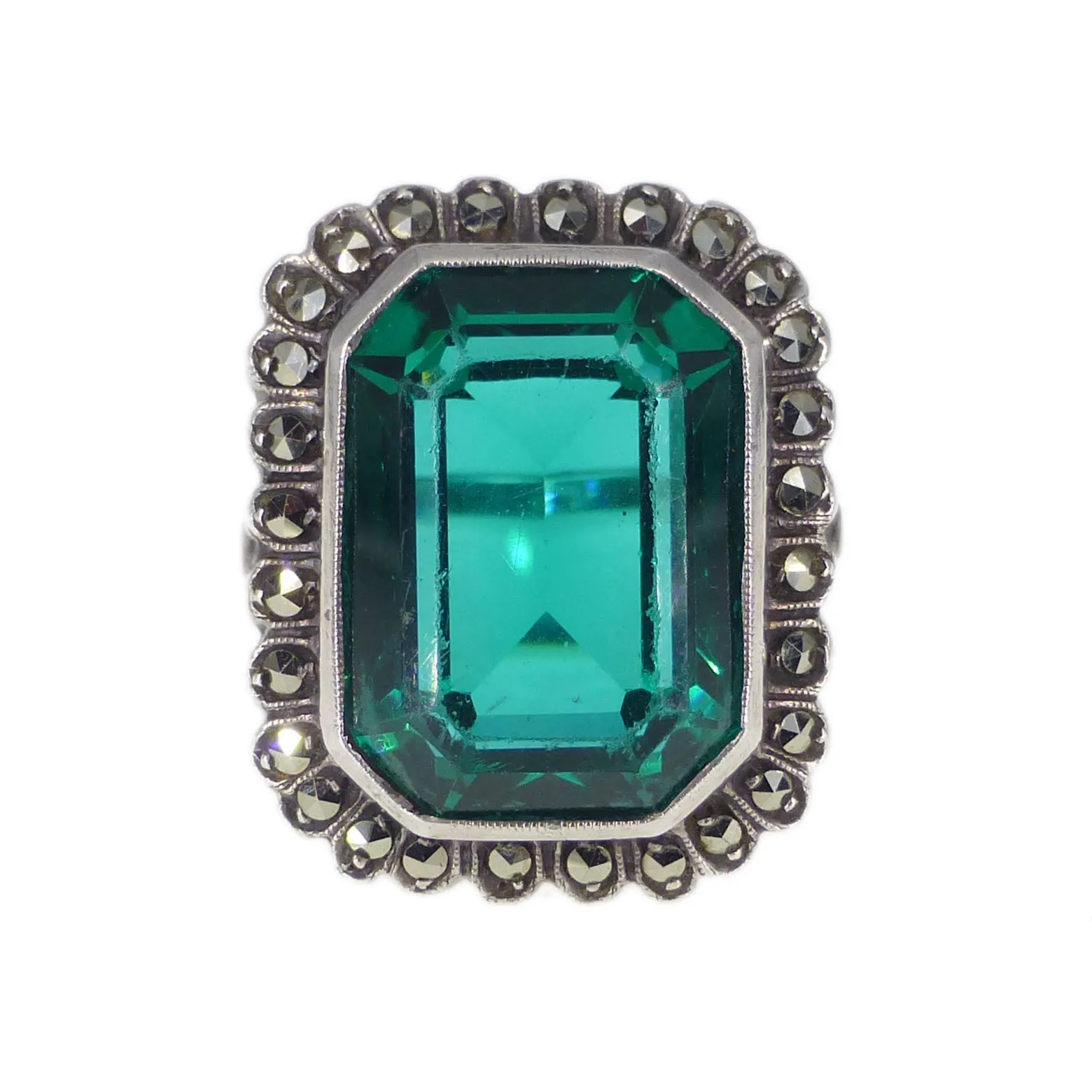 Antique Art Deco Silver Green Paste Marcasite Cocktail Ring