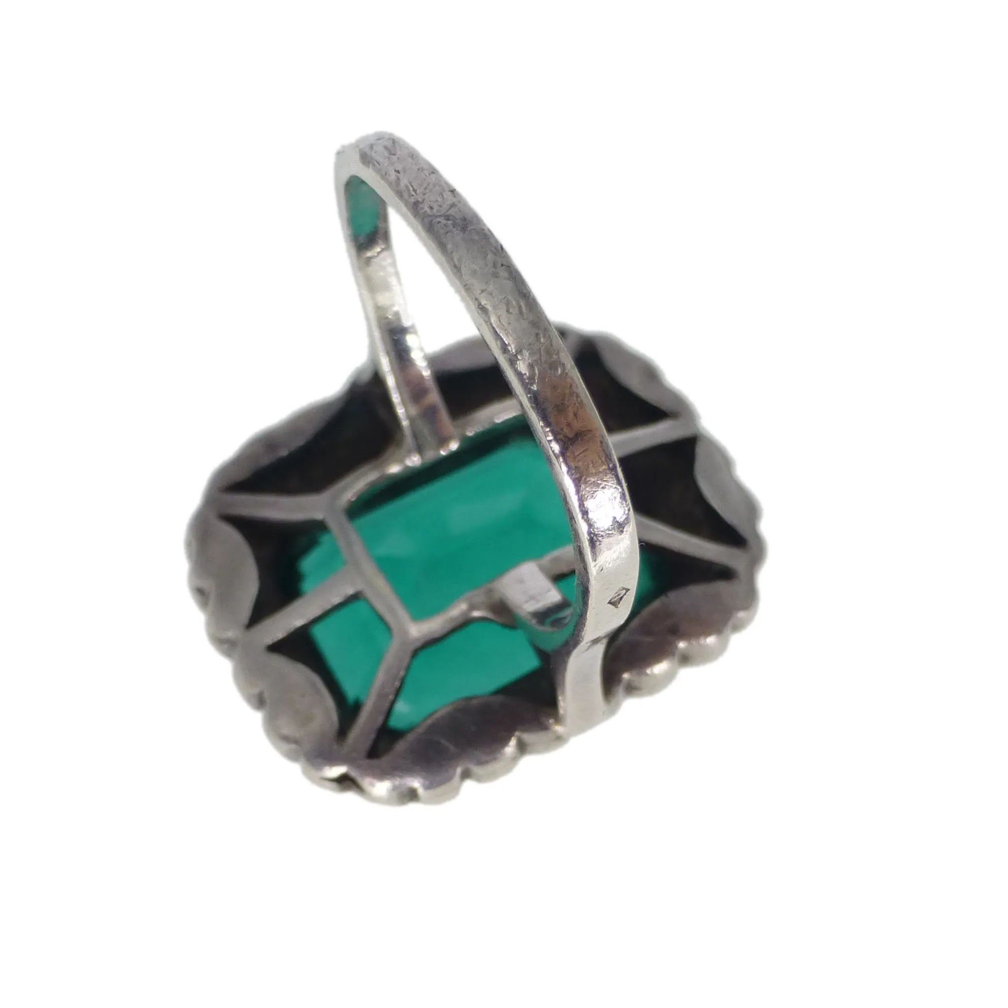 Antique Art Deco Silver Green Paste Marcasite Cocktail Ring