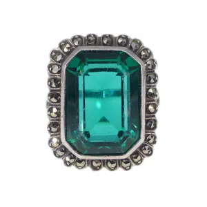 Antique Art Deco Silver Green Paste Marcasite Cocktail Ring
