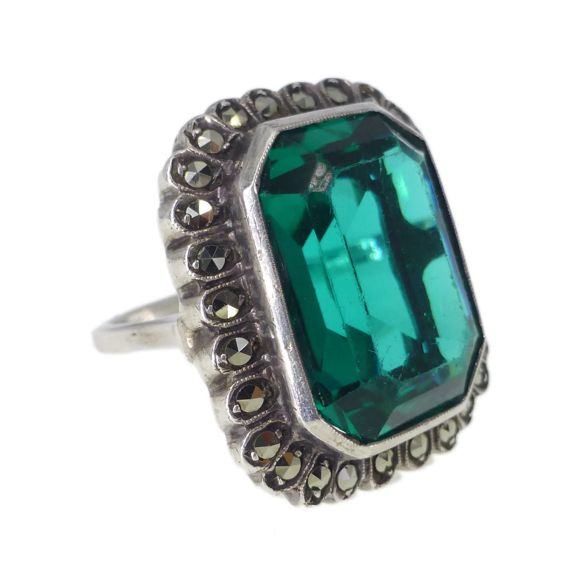 Antique Art Deco Silver Green Paste Marcasite Cocktail Ring
