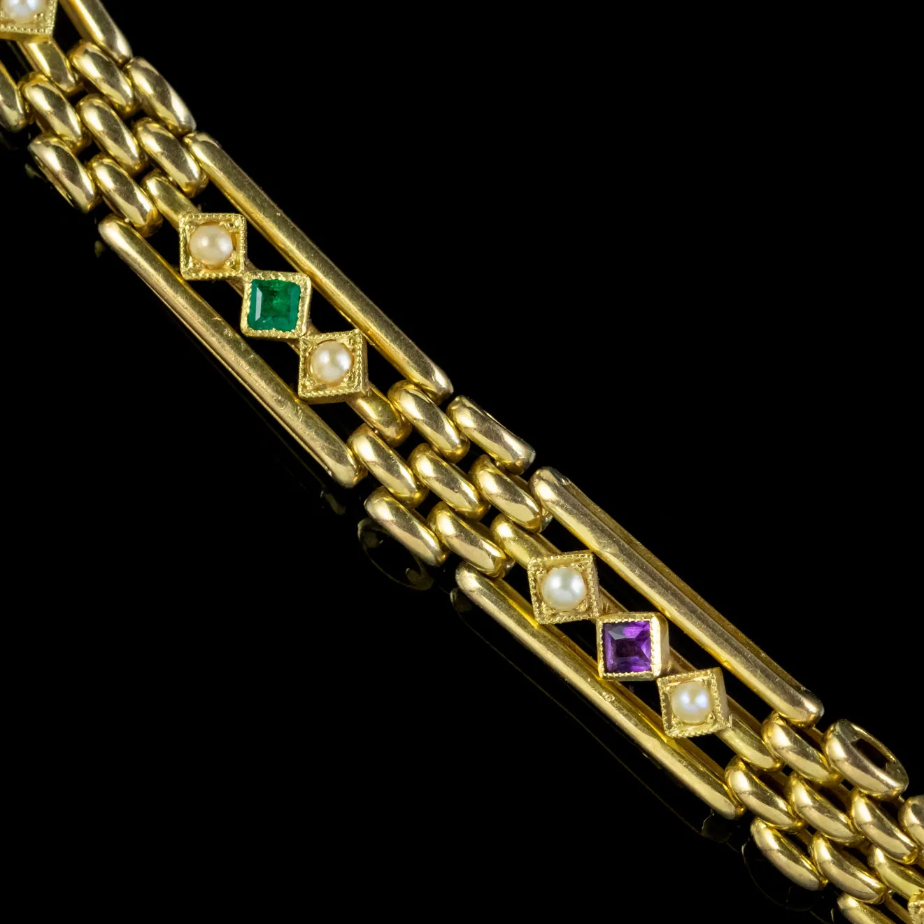 Antique Edwardian Suffragette Gate Bracelet 15ct Gold Amethyst Emerald Pearl Circa 1910