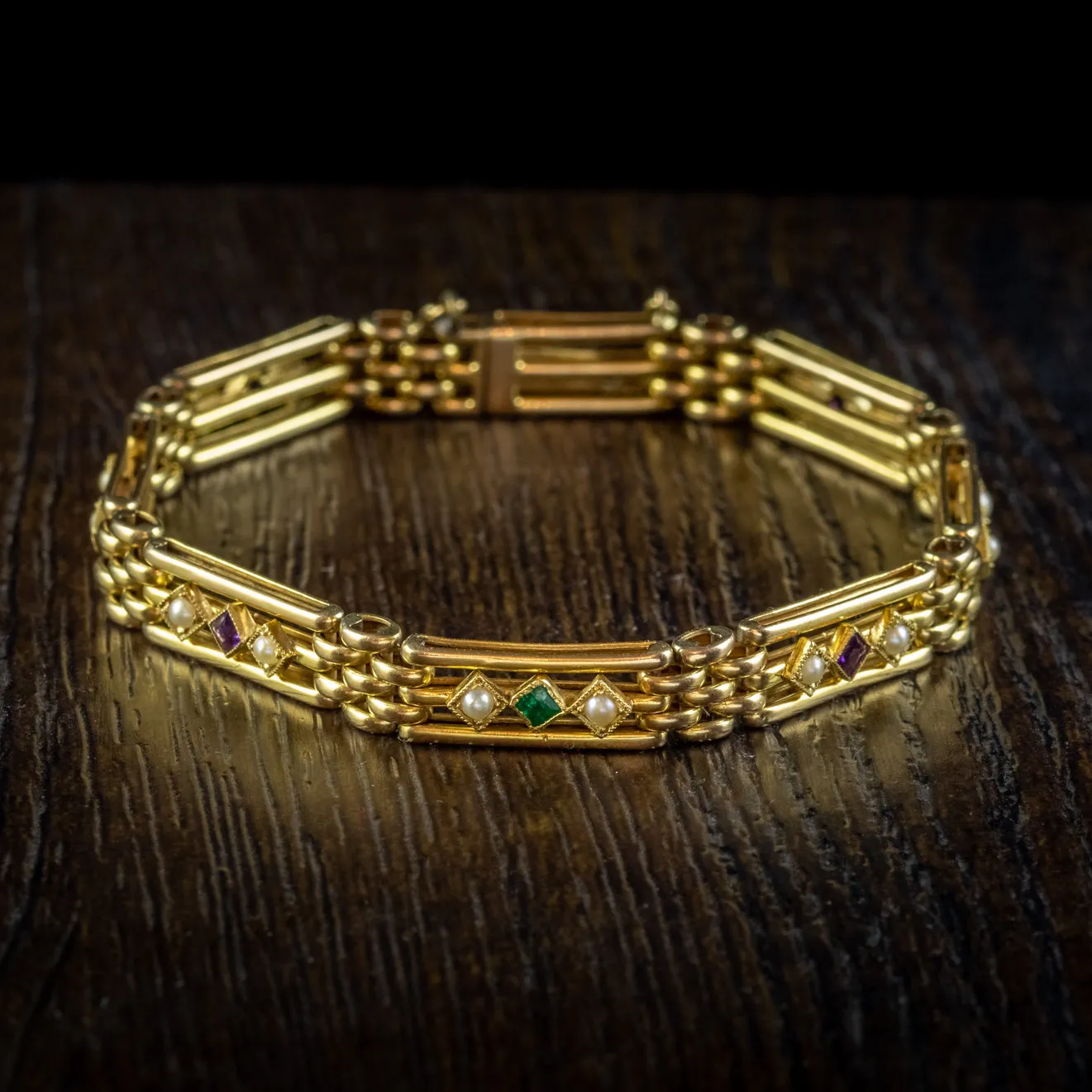 Antique Edwardian Suffragette Gate Bracelet 15ct Gold Amethyst Emerald Pearl Circa 1910