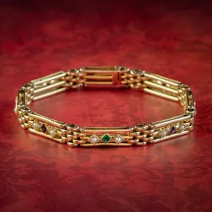 Antique Edwardian Suffragette Gate Bracelet 15ct Gold Amethyst Emerald Pearl Circa 1910