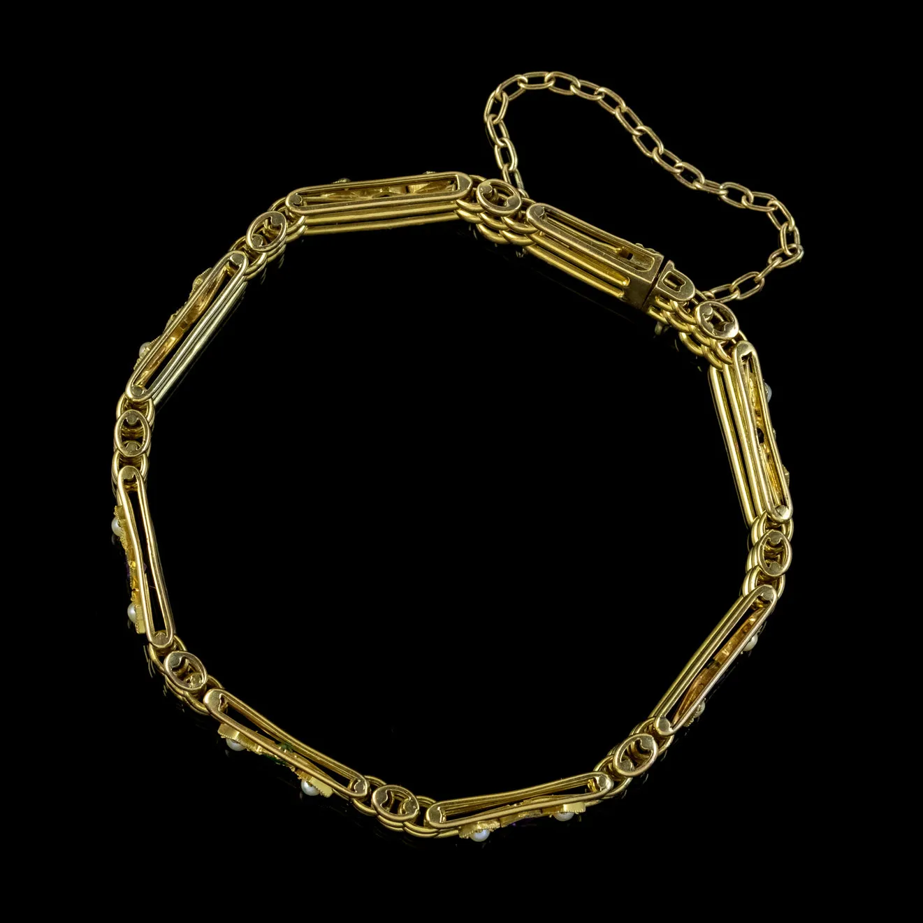 Antique Edwardian Suffragette Gate Bracelet 15ct Gold Amethyst Emerald Pearl Circa 1910