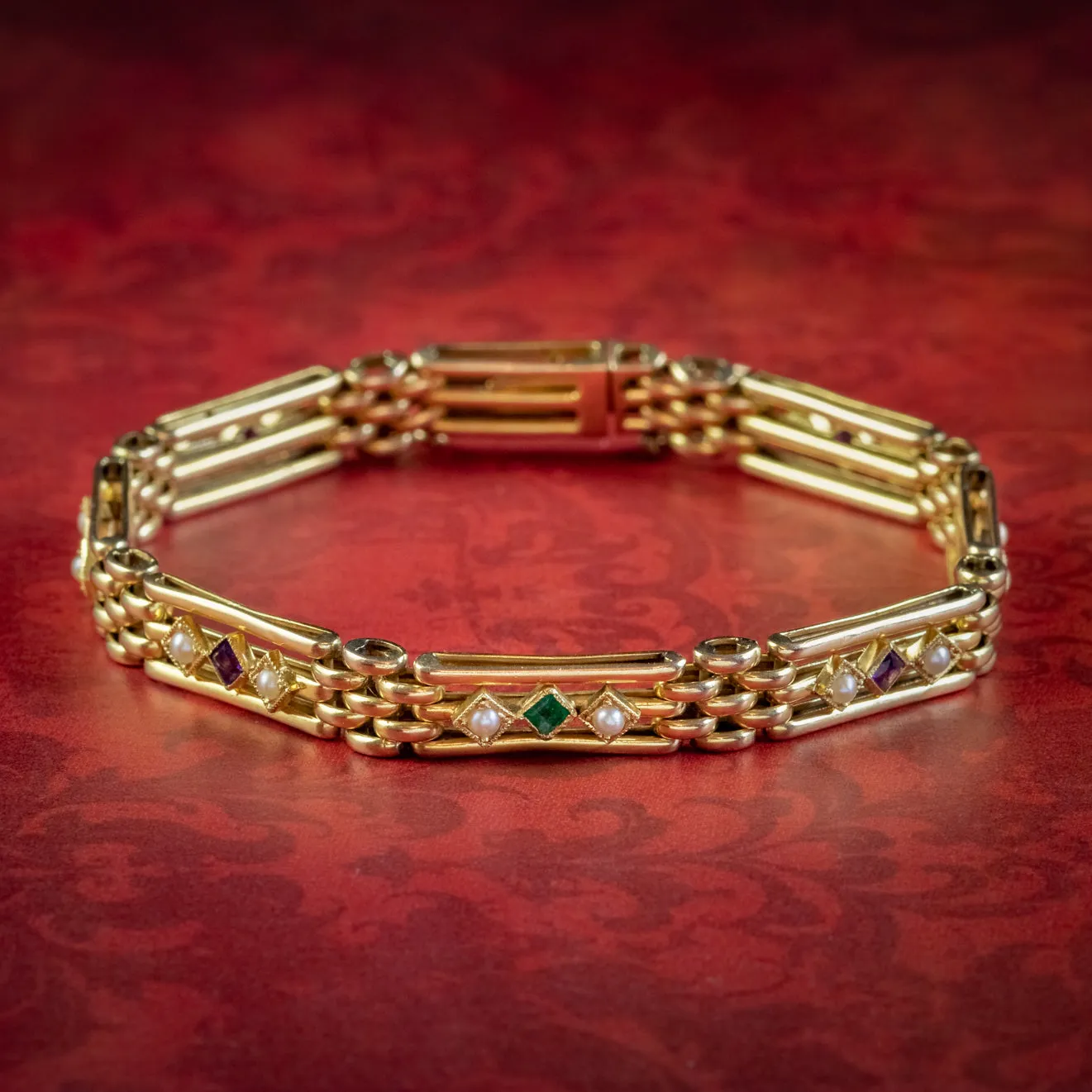 Antique Edwardian Suffragette Gate Bracelet 15ct Gold Amethyst Emerald Pearl Circa 1910