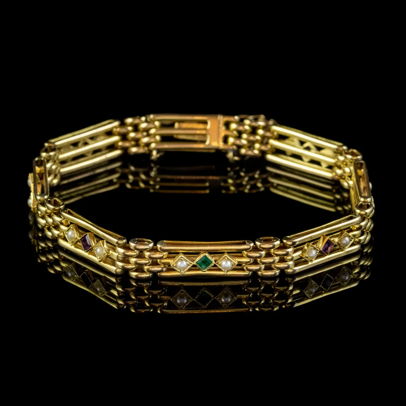 Antique Edwardian Suffragette Gate Bracelet 15ct Gold Amethyst Emerald Pearl Circa 1910