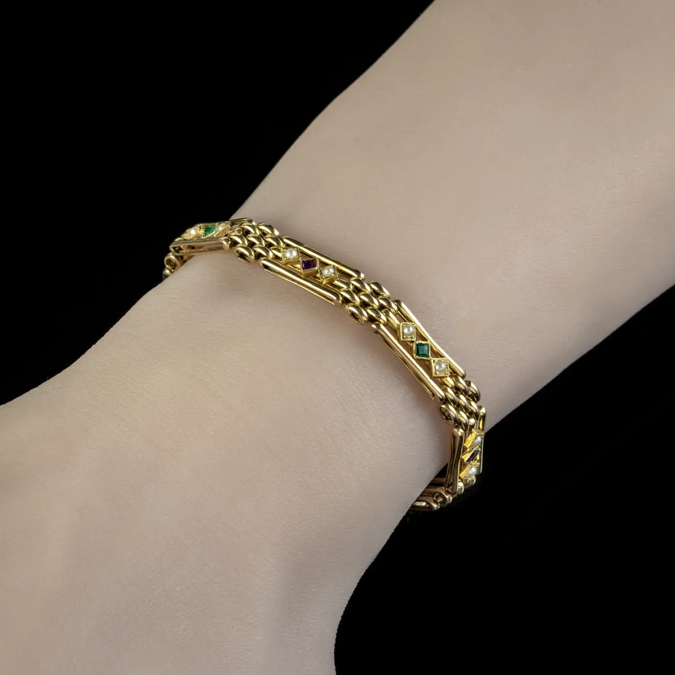 Antique Edwardian Suffragette Gate Bracelet 15ct Gold Amethyst Emerald Pearl Circa 1910