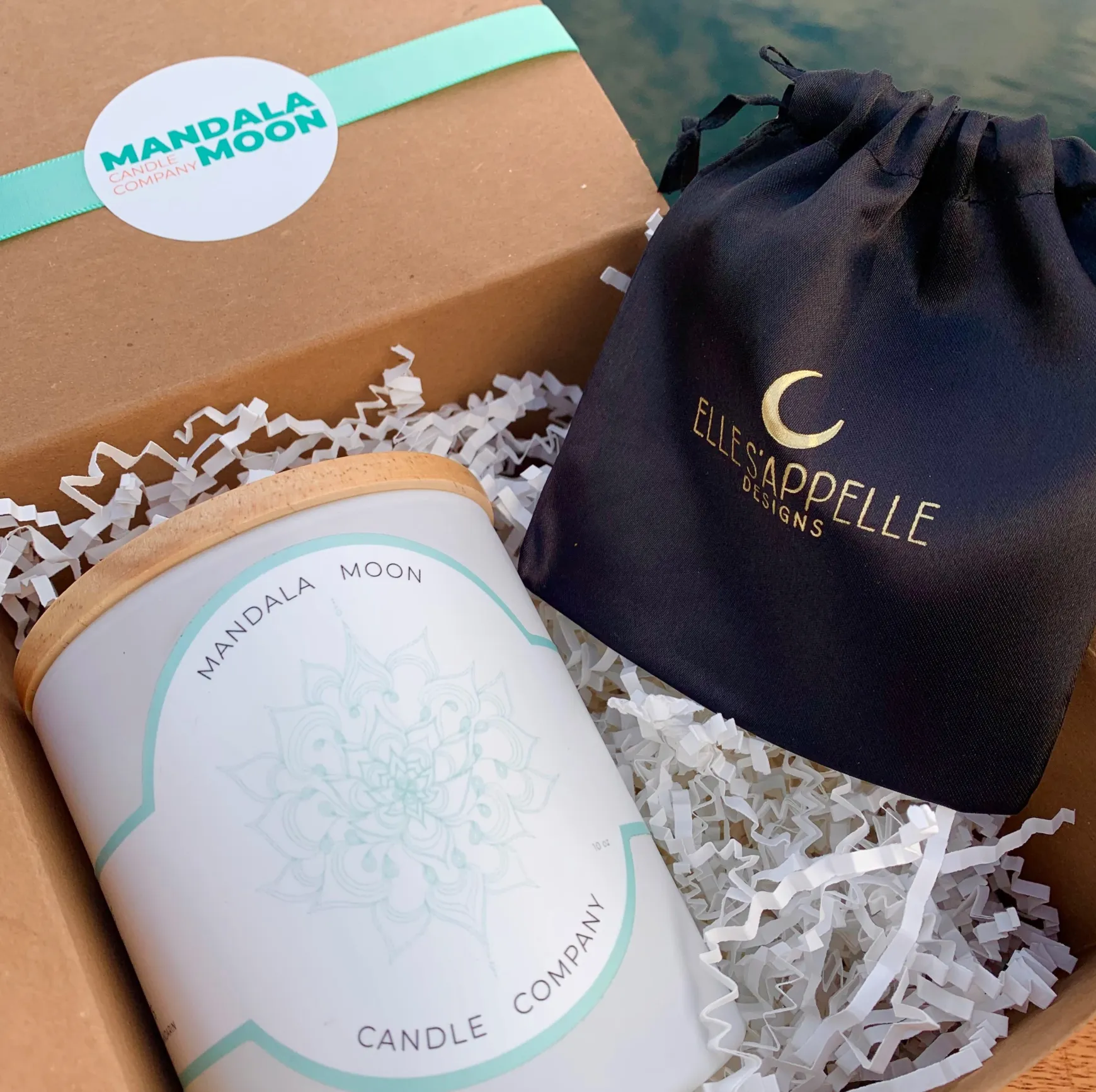 Aqua Marine Mandala Moon Candle and Aquamarine stone gold earring gift set
