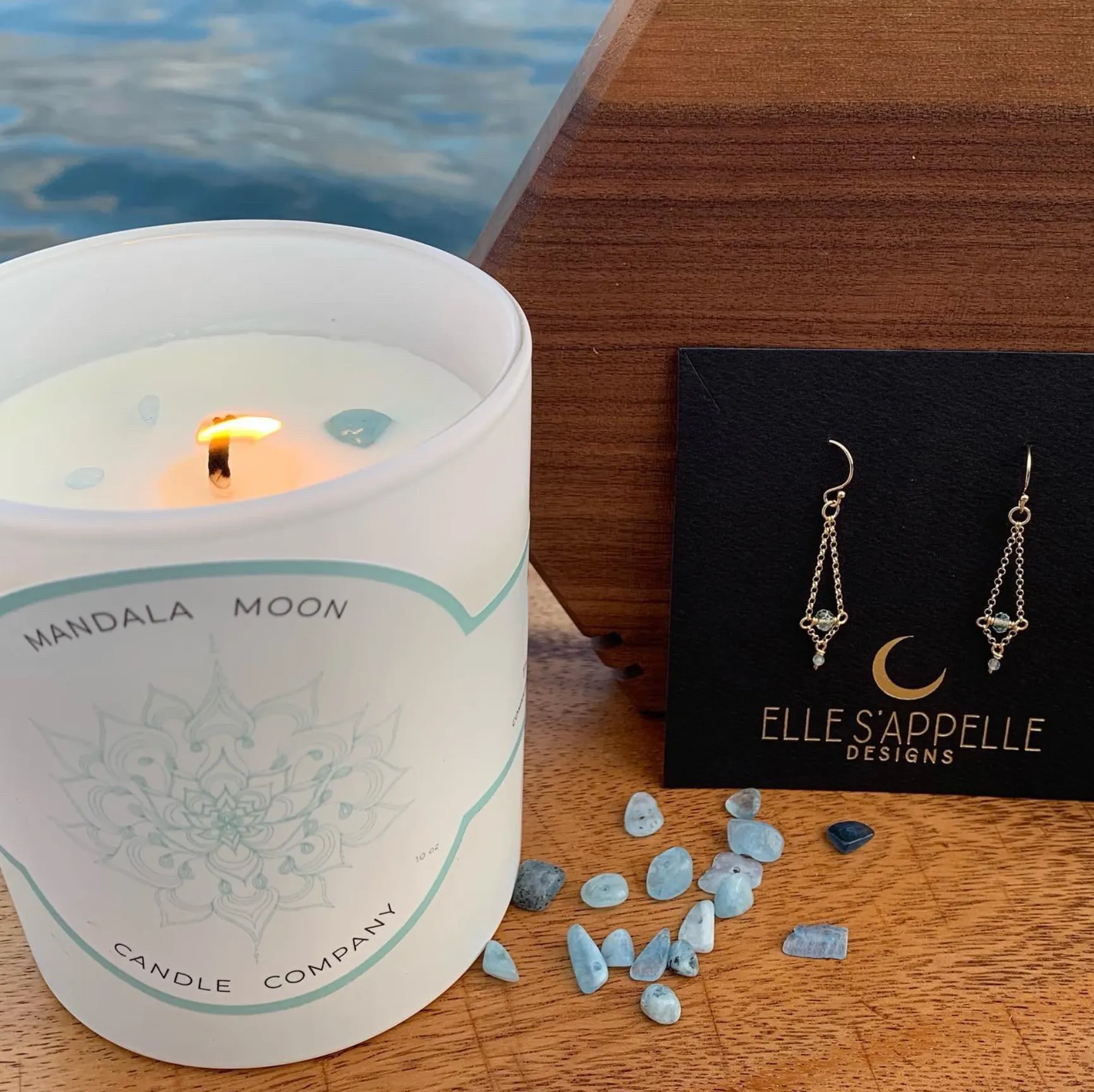 Aqua Marine Mandala Moon Candle and Aquamarine stone gold earring gift set