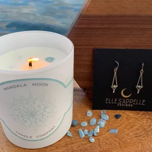 Aqua Marine Mandala Moon Candle and Aquamarine stone gold earring gift set
