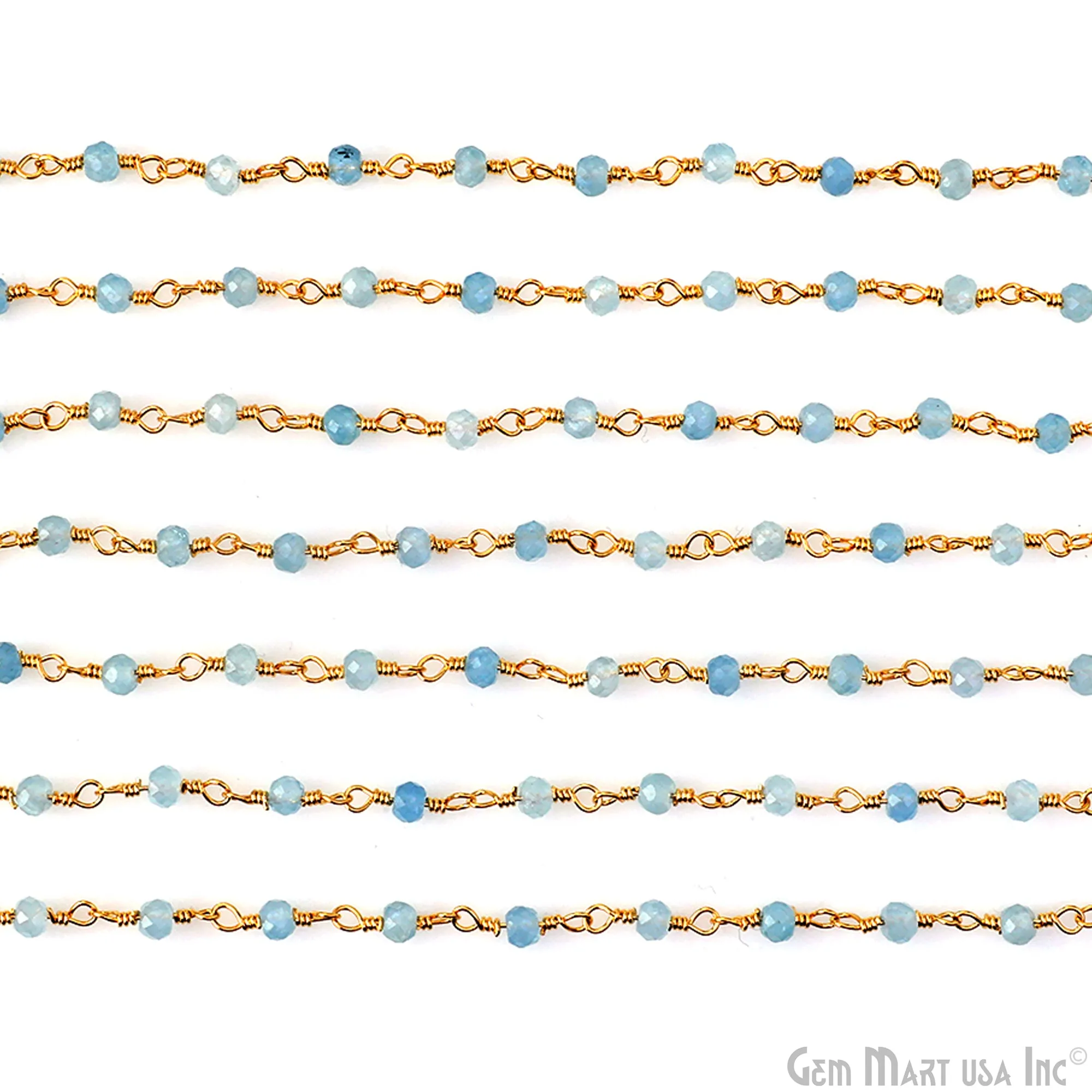 Aquamarine 3mm Gold Plated Wire Wrapped Gemstone Beads Rosary Chain