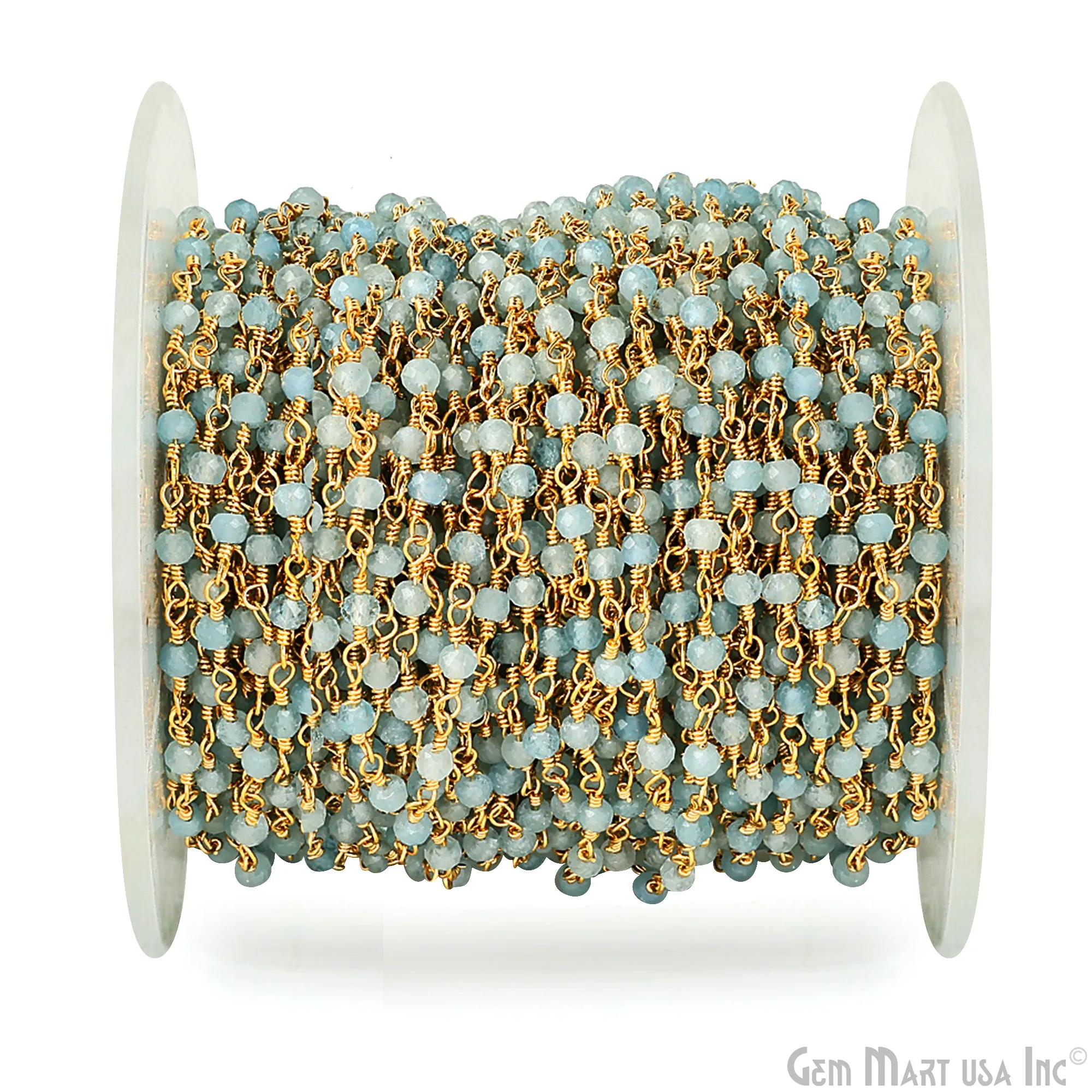 Aquamarine 3mm Gold Plated Wire Wrapped Gemstone Beads Rosary Chain