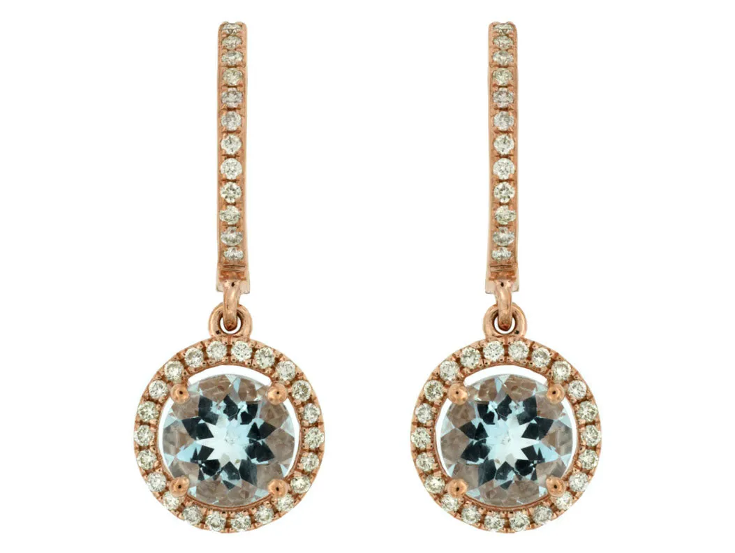 Aquamarine and Diamond Halo Drop Earrings