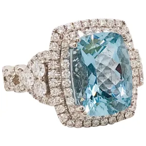 Aquamarine and Double Diamond Halo Ring
