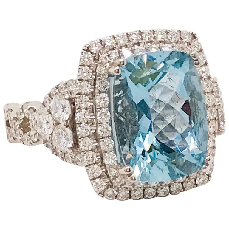 Aquamarine and Double Diamond Halo Ring