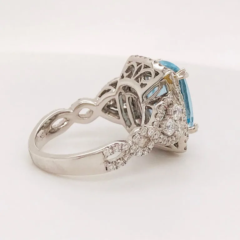 Aquamarine and Double Diamond Halo Ring