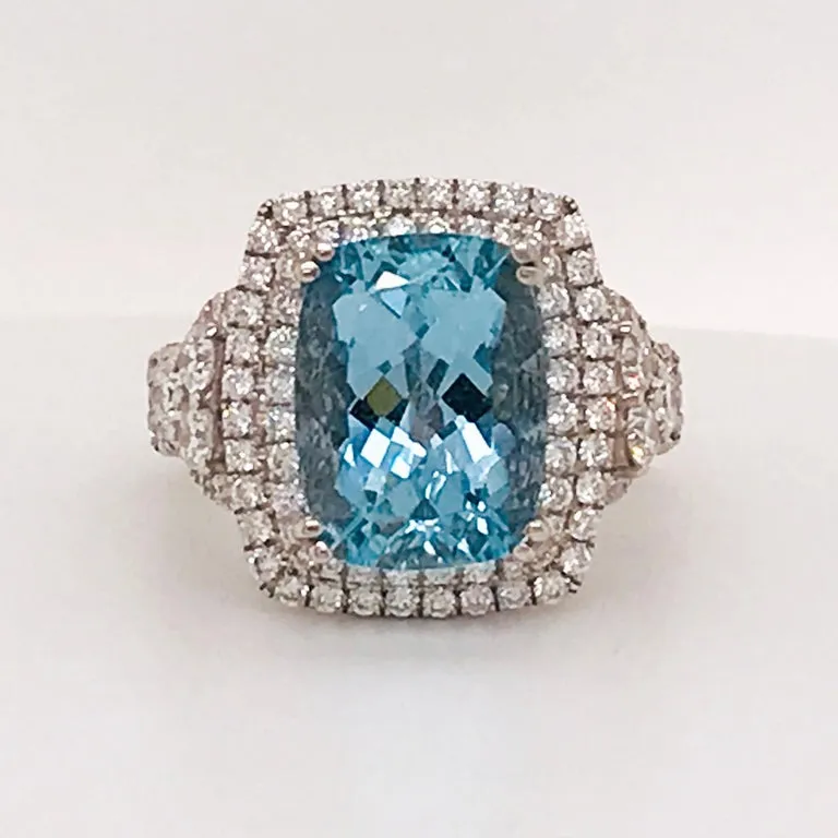 Aquamarine and Double Diamond Halo Ring