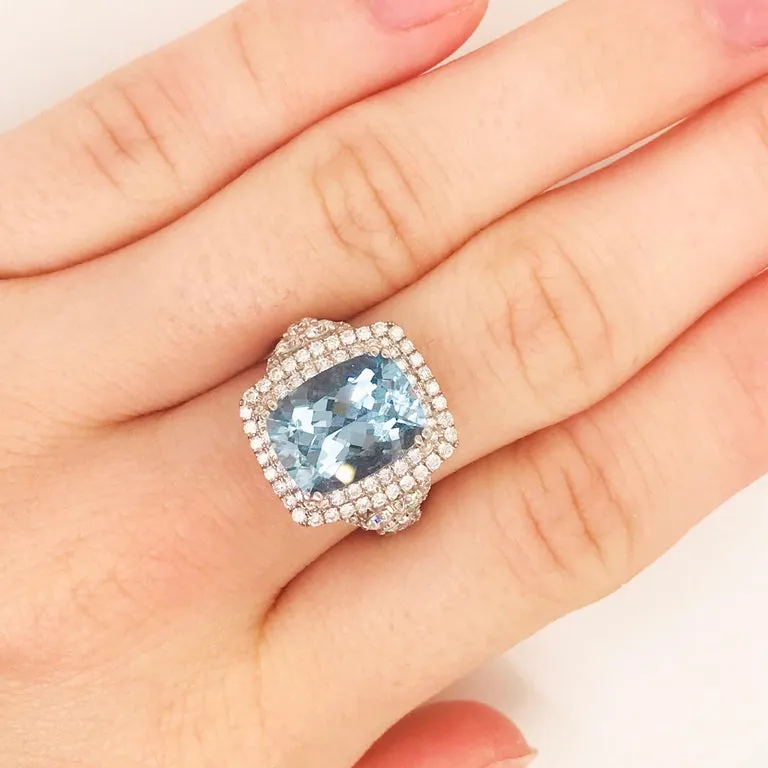 Aquamarine and Double Diamond Halo Ring
