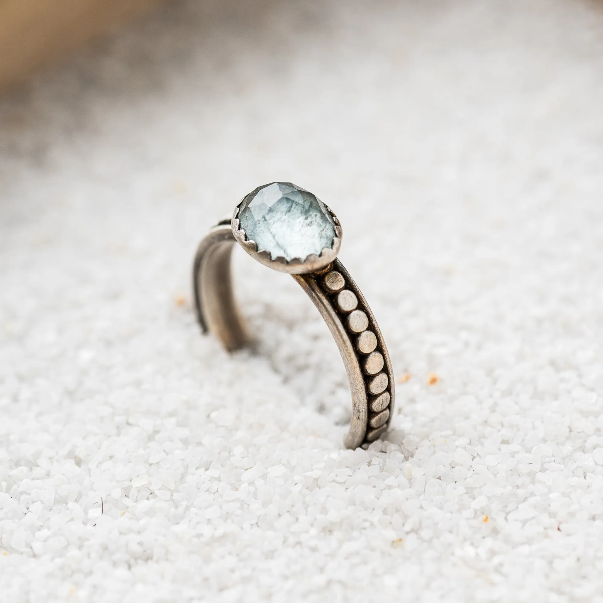 Aquamarine East-West Ring on Beaded Band