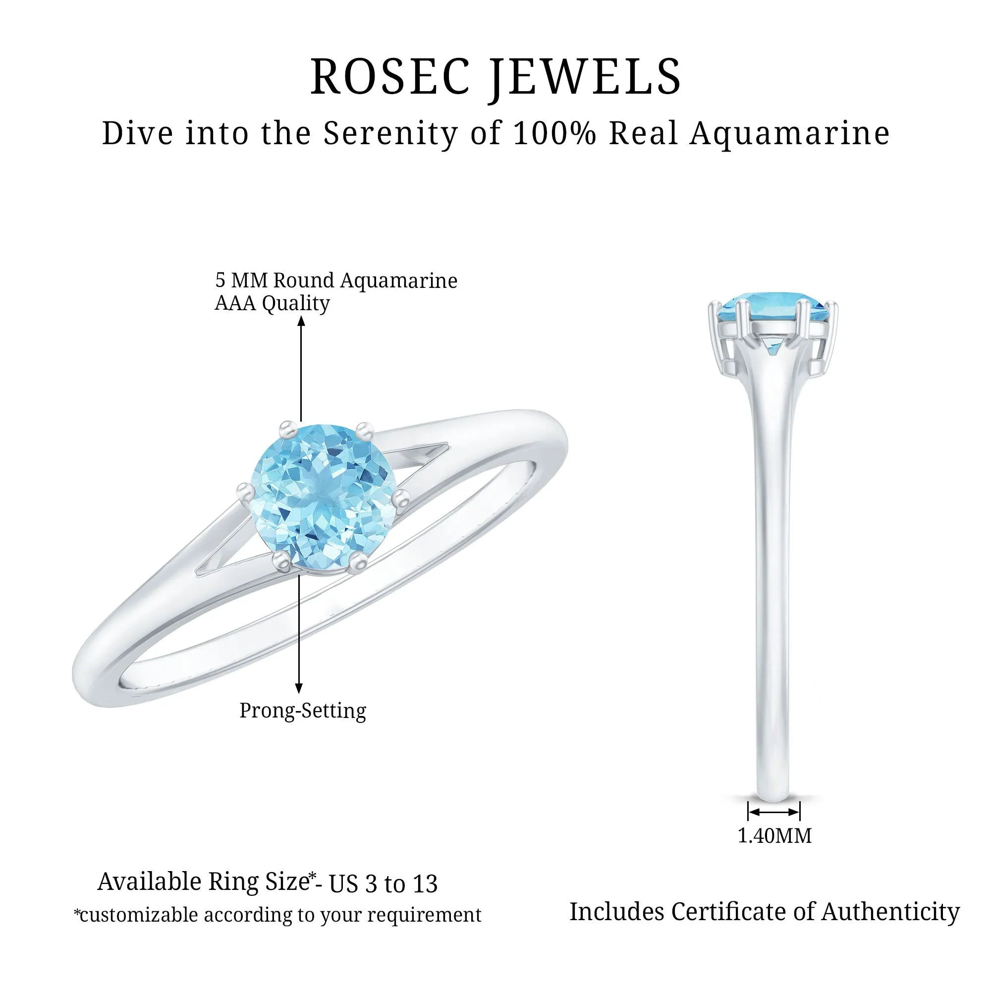Aquamarine Solitaire Ring in 6 Prong Setting with Split Shank