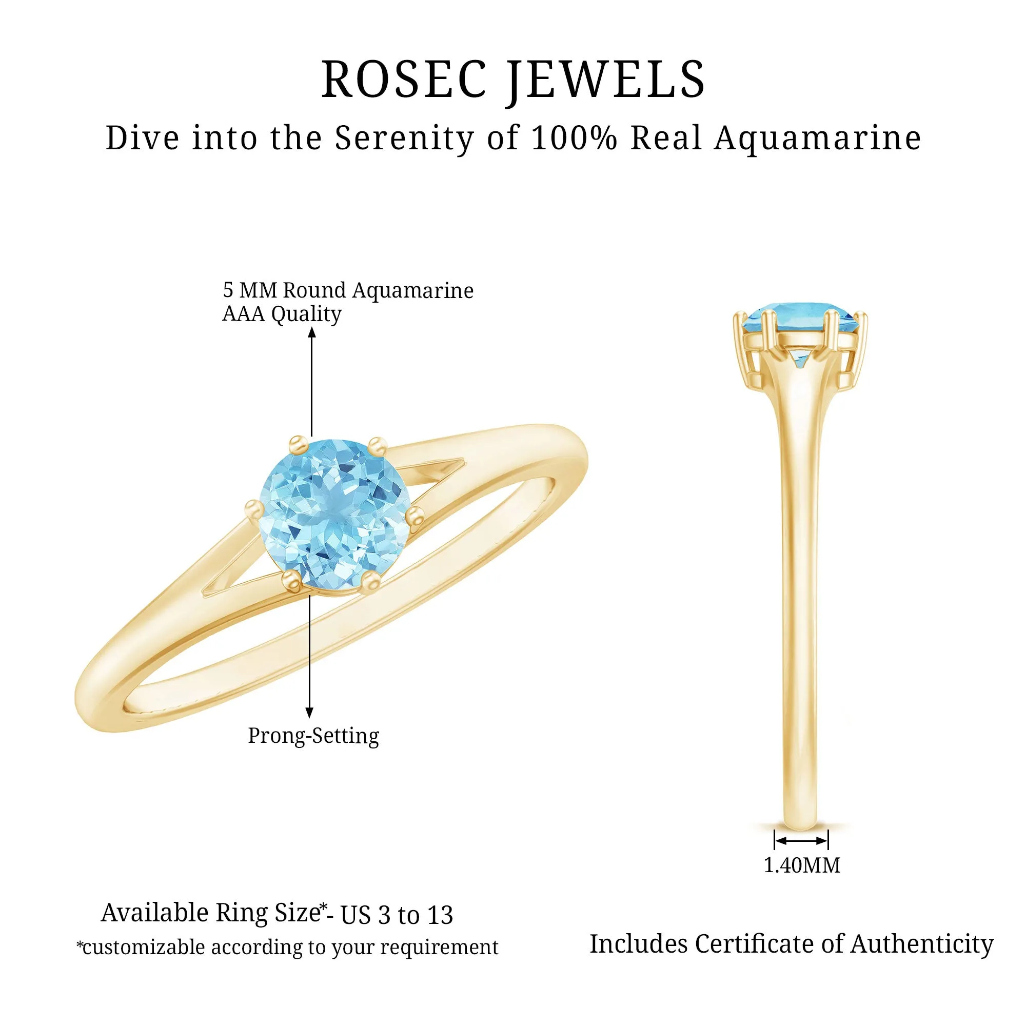 Aquamarine Solitaire Ring in 6 Prong Setting with Split Shank