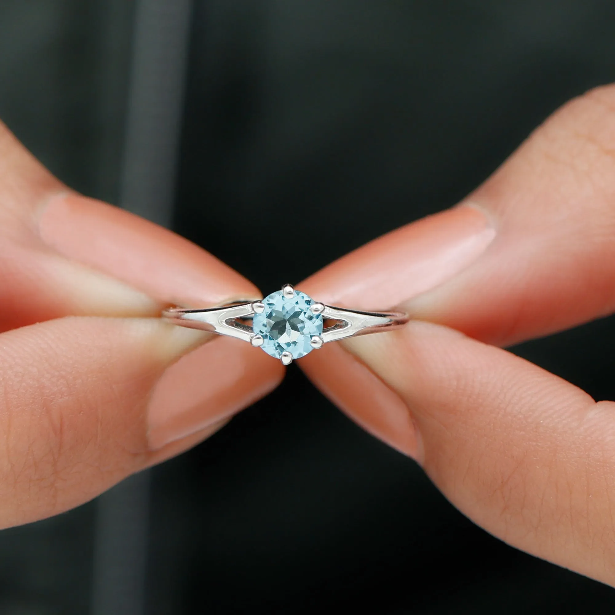 Aquamarine Solitaire Ring in 6 Prong Setting with Split Shank