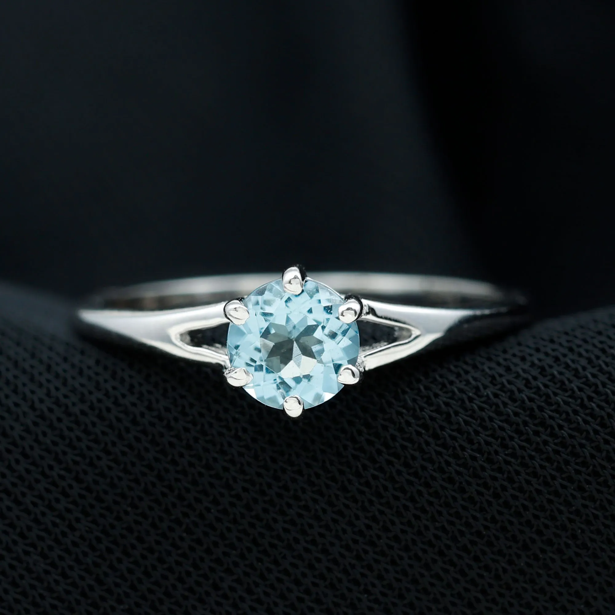 Aquamarine Solitaire Ring in 6 Prong Setting with Split Shank