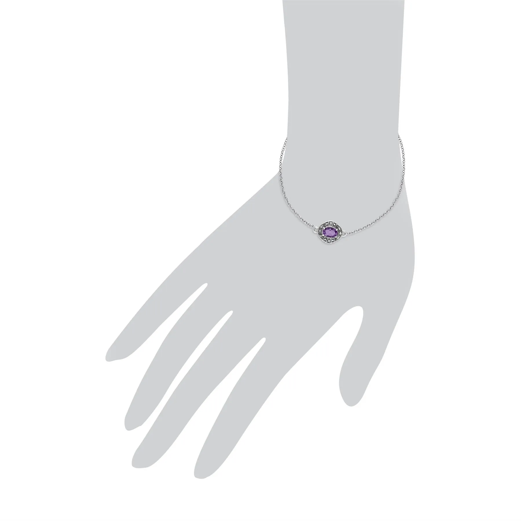 Argent Sterling Ovale Amethyst And Marcassite Serti Bracelet